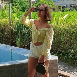 Chic Yellow Off-Shoulder Bow Blouse